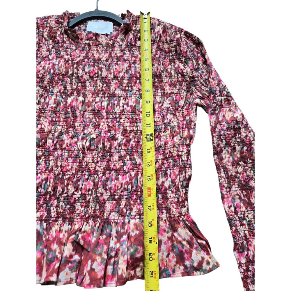 Merlette Smocked Peplum Top Burgundy Pink Abstract Floral Mock Neck Blouse - Picture 4 of 10